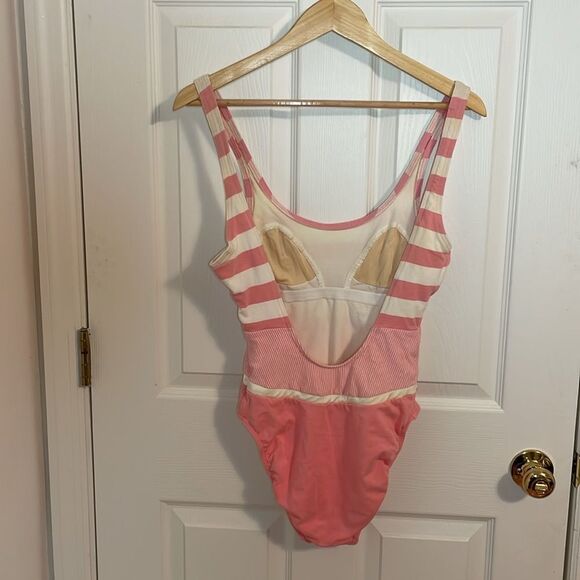 90s Pink Swimsuit, vintage Jantzen Striped Tank style Suit, cotton Lycra, 12 - Picture 6 of 10